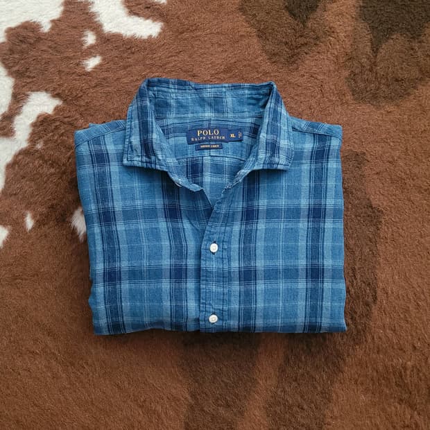 폴로 랄프로렌 남성용 인디고 린넨 체크 남방(XL)