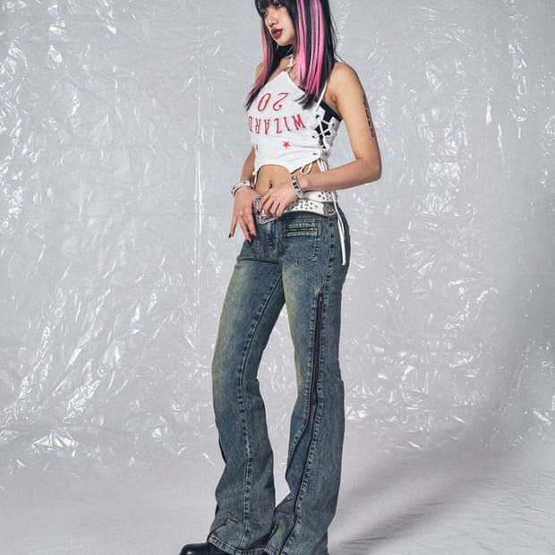스키즘 인듀싱 ZIPPER FLARED JEANS BLUE