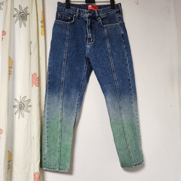 FLY 진청-그린 투톤 데님 팬츠 29