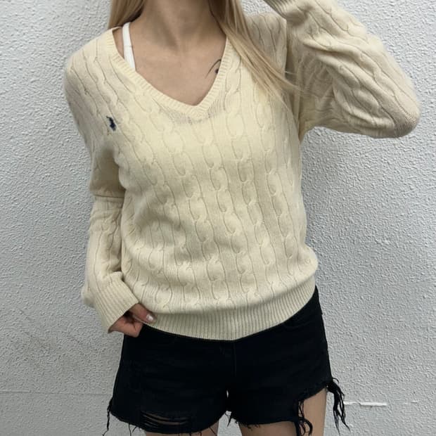 폴로 랄프로렌 네이비포니 아이보리 꽈배기 브이 니트 L