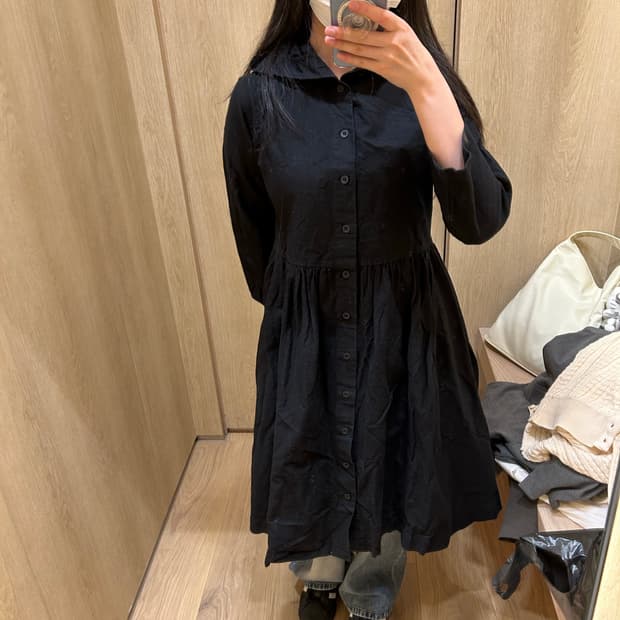단추 후드 코튼 블랙 레이어드 원피스 모리걸 