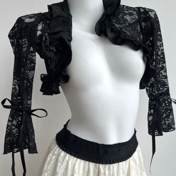 ICHIOKU 블랙 레이스 리본 볼레로