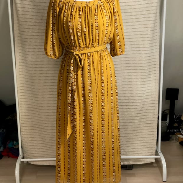 빈티지 머스터드 쉬폰 5부 모리걸 롱 원피스