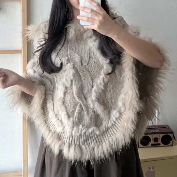 빈티지 퍼 후드 케이프 라떼갸루 모리