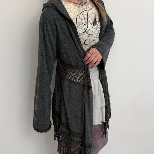 보헤미안 크로쉐 후드 롱 가디건 