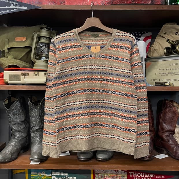 빈티지 페어 아일 패턴 노르딕 울 니트 브이넥 스웨터