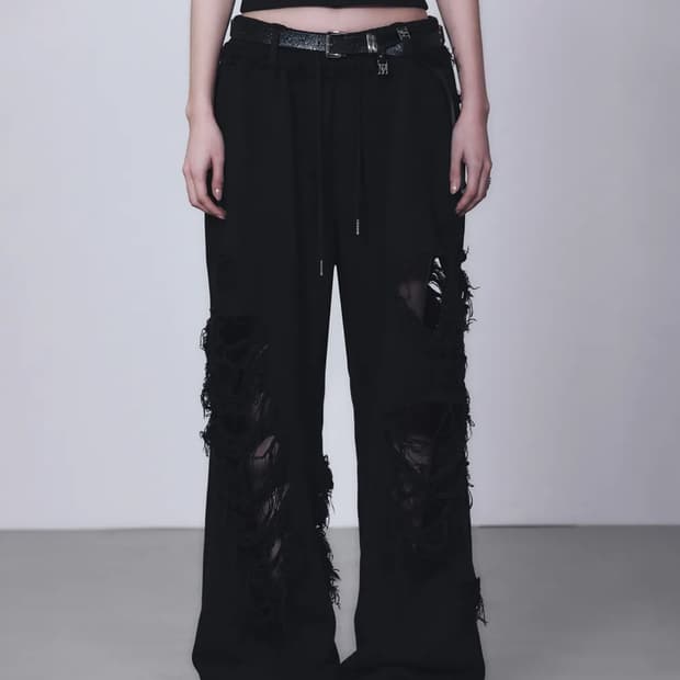 트리밍버드 스크래치 데미지 와이드 스웻 팬츠