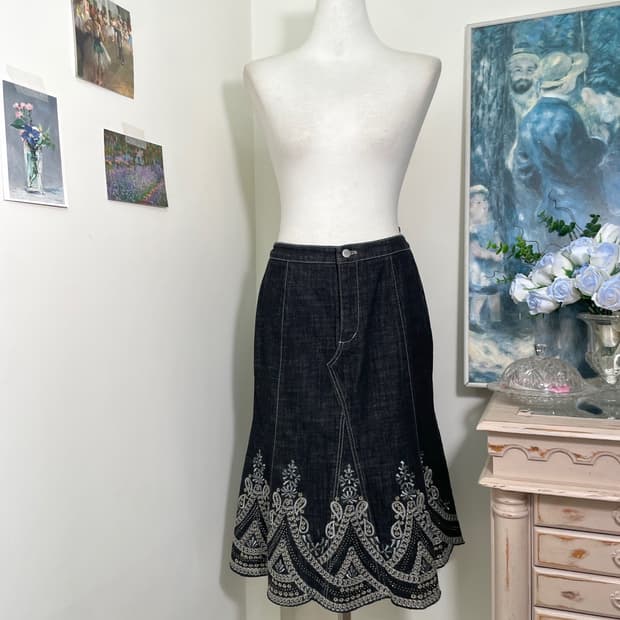 indidenim gray embroidery cubic flare sk