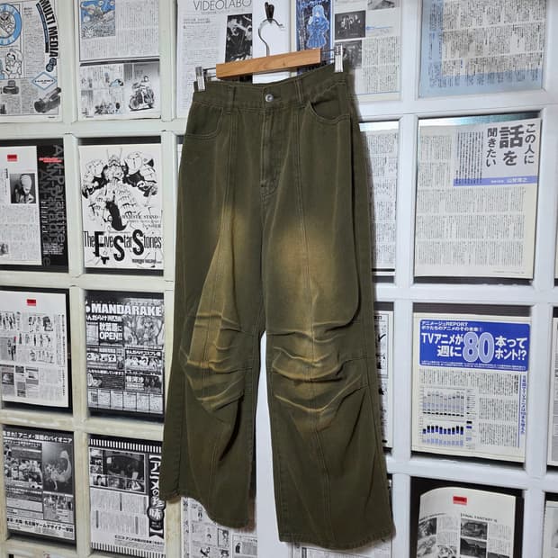 JPN 카키 샌드워싱 핀턱 와이드 팬츠