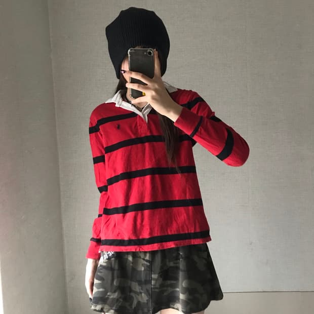 폴로 검빨 스트라이프 럭비티셔츠