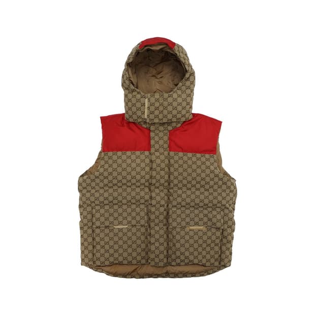 구찌 756931 자카드 후드 다운 베스트 카멜 에보니