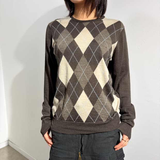 Beams 브라운 아가일 니트 스웨터