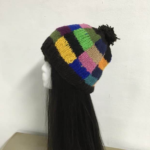  pom patch work point knit beanie
