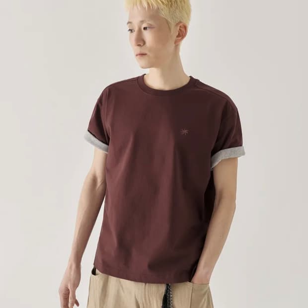 키뮤어 배색 롤업 크롭 반팔 티셔츠_버건디