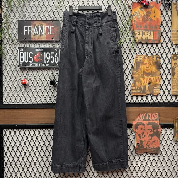 순진 칸디아니 데님 팬츠 전면 롱 벨트 포인트 흑청