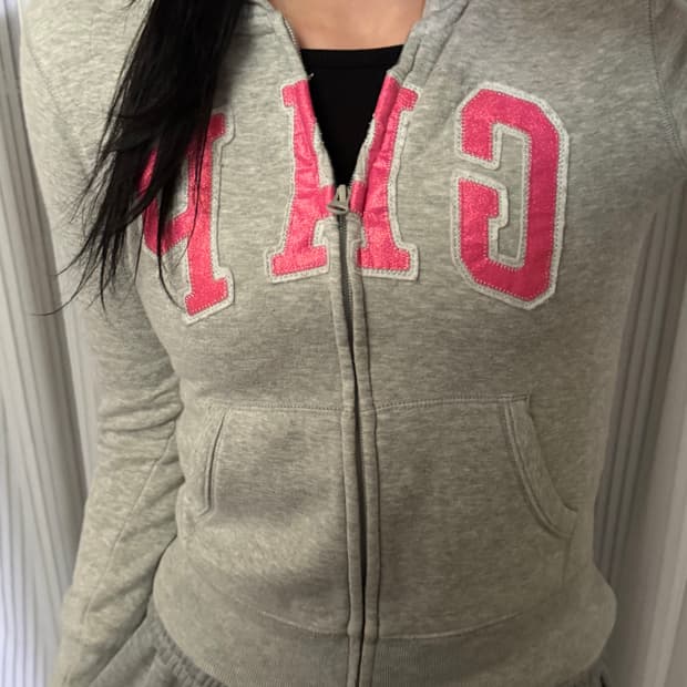 갭 그레이 핑크 로고 후드집업 L