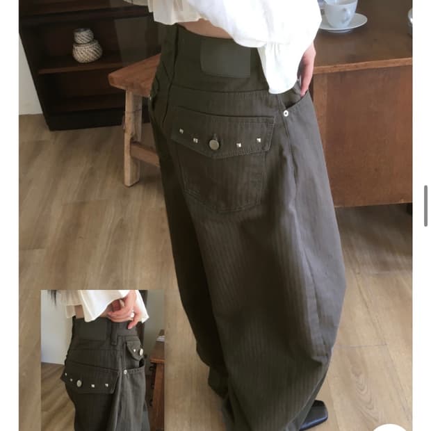 스터드 백 포켓 코튼 와이드 팬츠