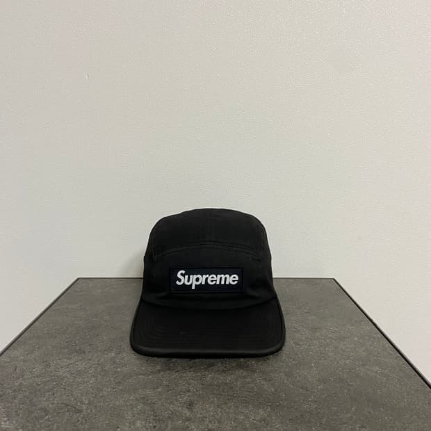 슈프림 워시드 블랙 레더 스트랩 박스로고 캠프캡 모자