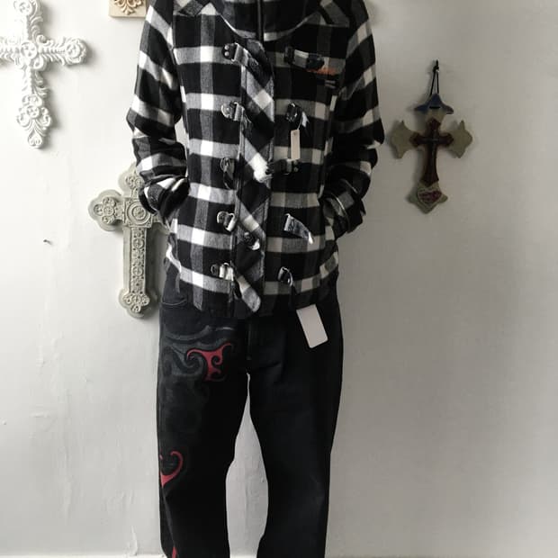 High neck check pattern woolen jacket