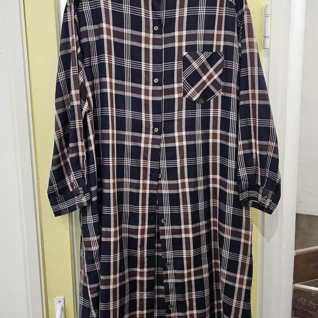 HK Works London 네이비 브라운 헨리넥 롱셔츠