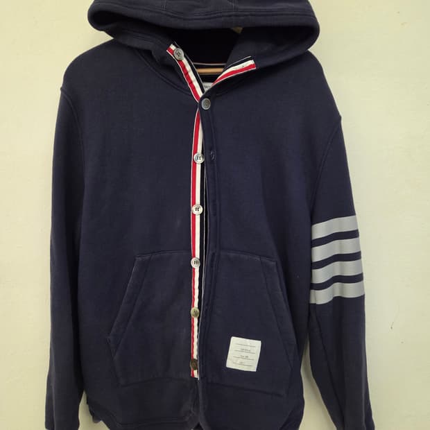 톰브라운 네이비 4선 후드 가디건