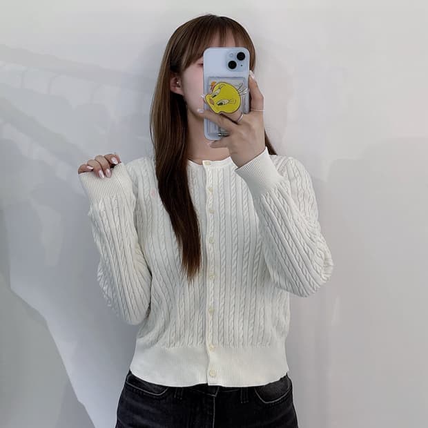 폴로랄프로렌 qr 베이비핑크포니 크림 케이블 가디건