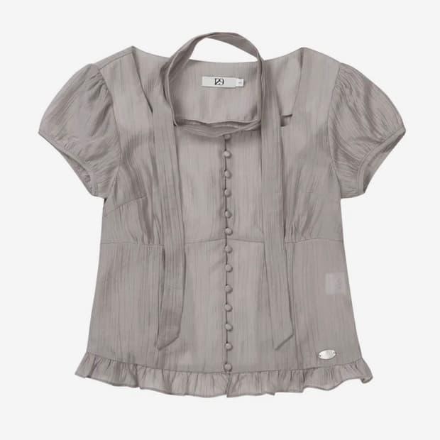 일리고 리본 타이 스퀘어넥 블라우스 그레이