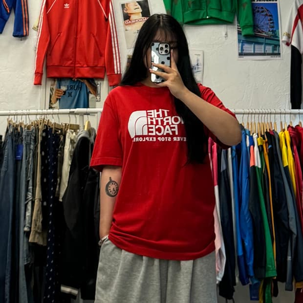 노스페이스 빅 로고 프린팅 레드 반팔티 XL