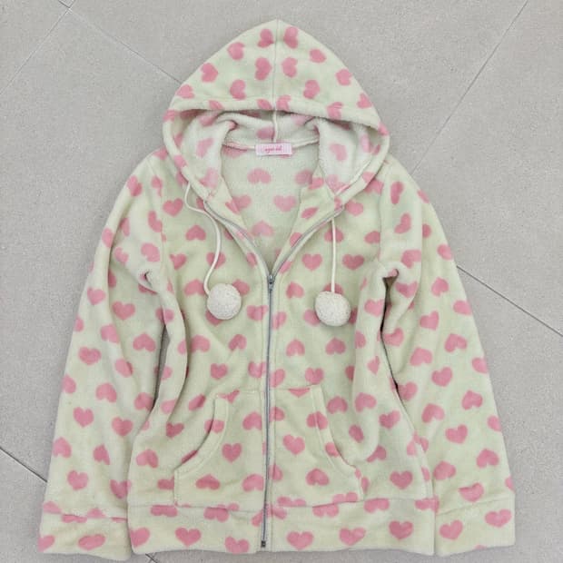 핑크 하트 도트 후리스 후드집업