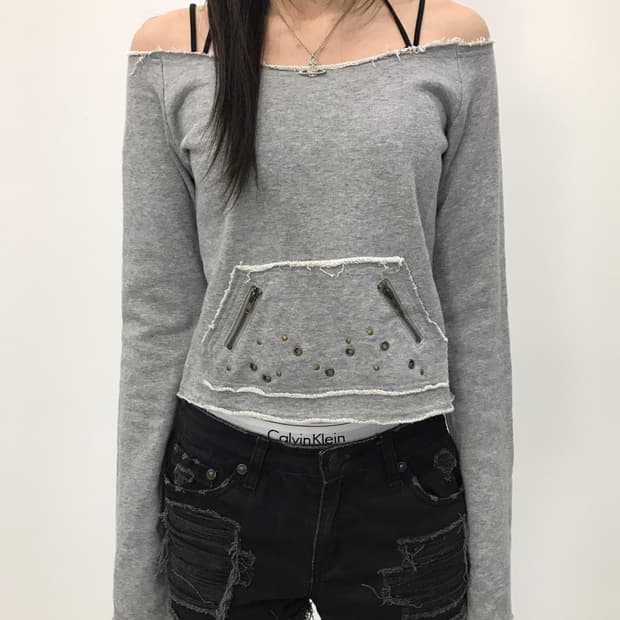 OZOC Studded Zipper Off-Shoulder Top