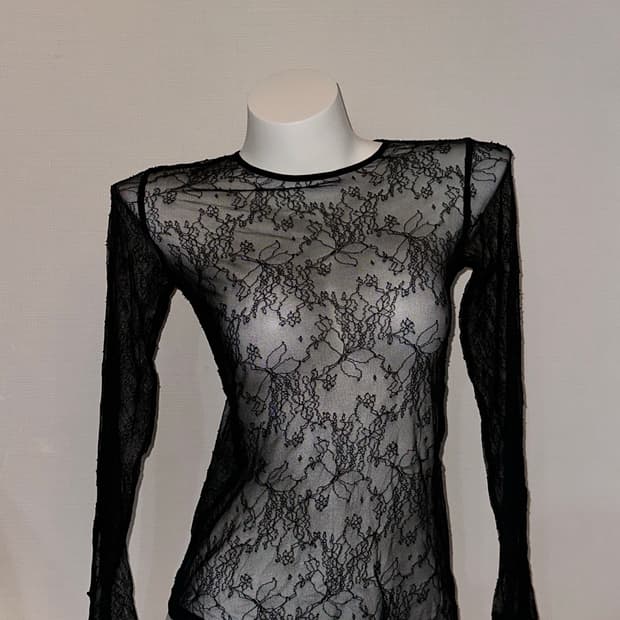 빈티지 블랙 시스루 레이스 오리엔탈 콩단추 롱슬리브