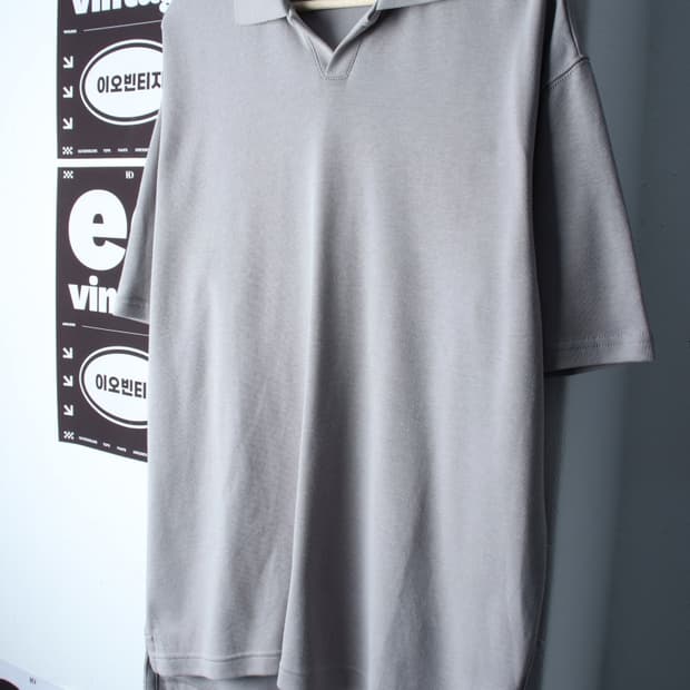 (M-XL) 자바나스 반팔 카라 티셔츠 오버사이즈 그레이-H34655