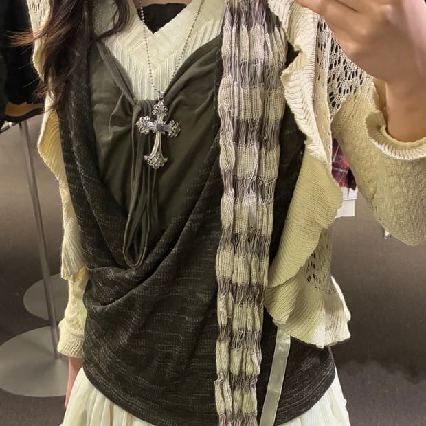 Japanese vintage 여성 줄무늬 베이지 머플러