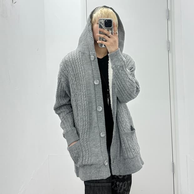 NAVY fur knit hood cardigan 