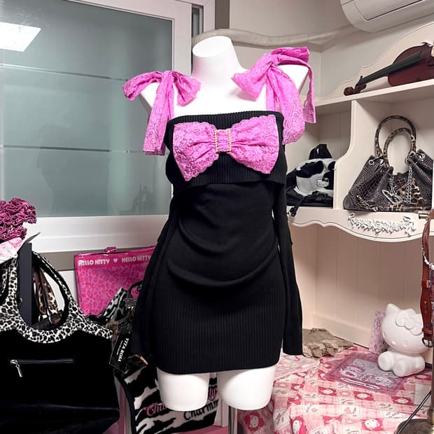 MA*RS마즈 아게하 블랙핑크 프릴레이스 왕리본 슬리브리스 히메갸루 핀터