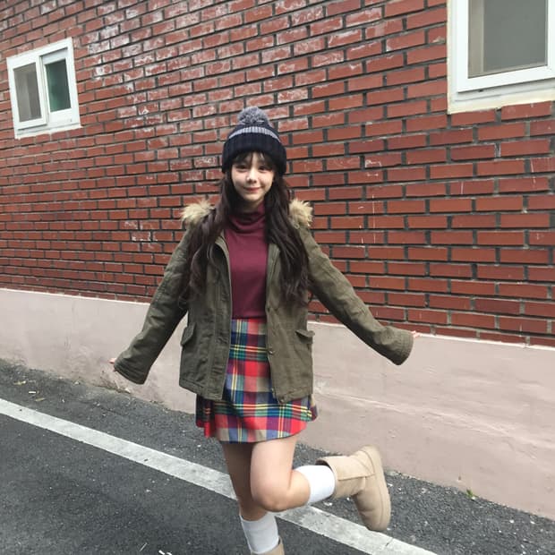 카키 퍼자켓 겨울자켓 퍼후드자켓 코디세트