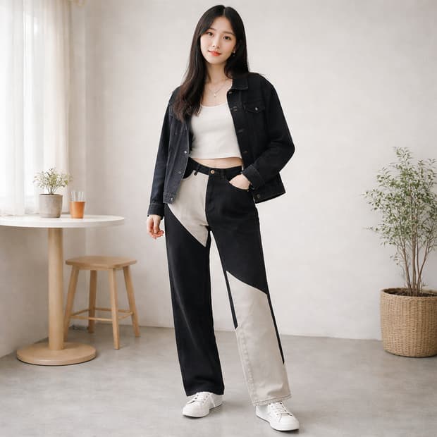 모모크롬(MOMOKROM) 투톤 컬러블록 사선 배색 와이드 데님 팬츠