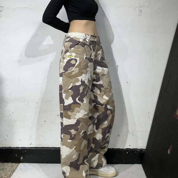 일본 빈티지 베이지 카모 밀리터리 카고 와이드 팬츠 