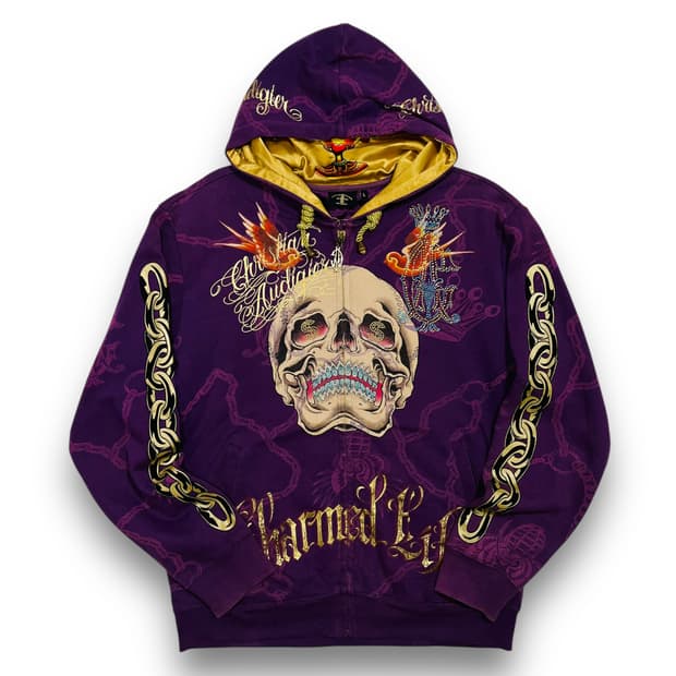 크리스찬 오디저 골드 체인 스컬 스터드 퍼플 후디 집업