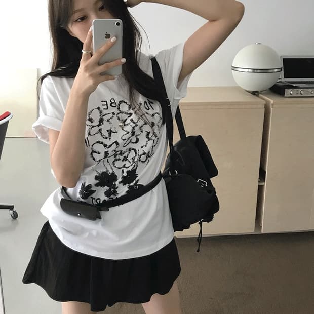 언더라임 플라워 반팔티셔츠 포켓백팩 미니 벨트 코디 세트