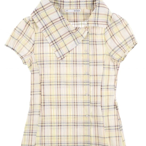 DRAPE COLLAR BLOUSE (YELLOW  CHECK)