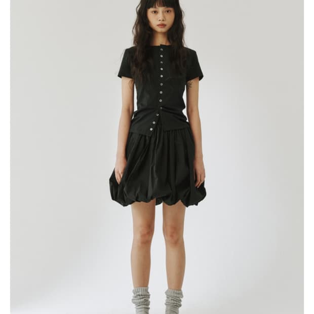 ROUND BUTTON SLIM SHIRT, BLACK