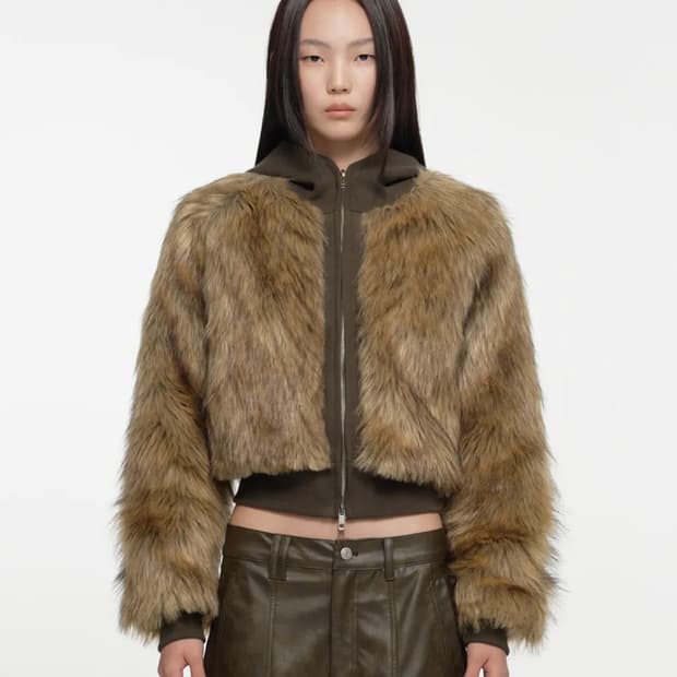 나체 퍼 후드 자켓 카키브라운