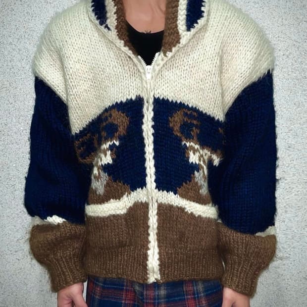 90s 빈티지 핸드메이드 헤비울 코위찬 니트 집업 자켓