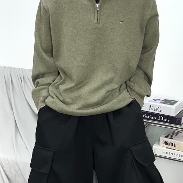 타미 힐피거 올리브 그린 니트 하프 집업 XL