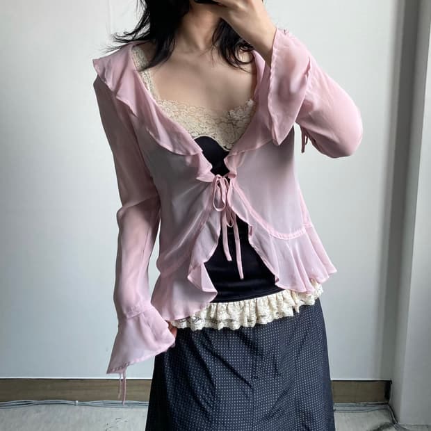프릴 리본 블라우스 가디건