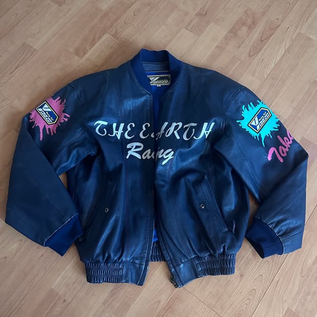 빈티지 레더 네이비 레이싱 자켓