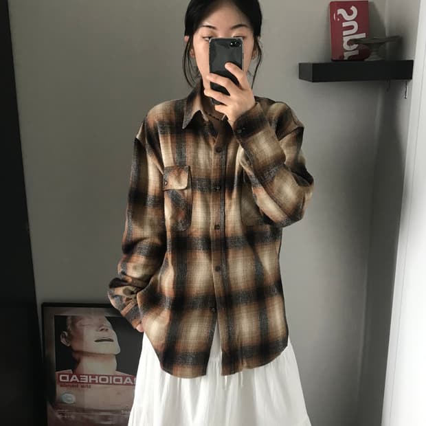 미스치프 올드스쿨 타단체크 포켓 셔츠 자켓 브라운