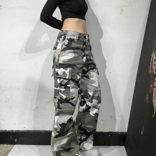 일본 빈티지 카키 밀리터리 카모 와이드 카고 팬츠 M