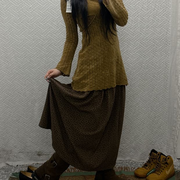 빈티지 코지 모리 잔꽃 패턴 아방핏 버튼 포켓 롱스커트 K0378